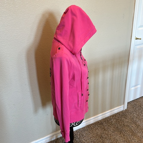 Women’s BCBG pink jacket with hoodie, cross/embellishments, size L - Picture 8 of 14